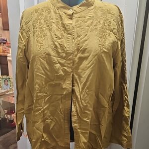 Women's Embroidered Collarless Blouse - Mustard